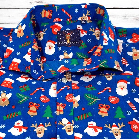 SIMON BANKS XL (17.5) Blue Holiday Christmas Button Front Shirt Men - Picture 5 of 11